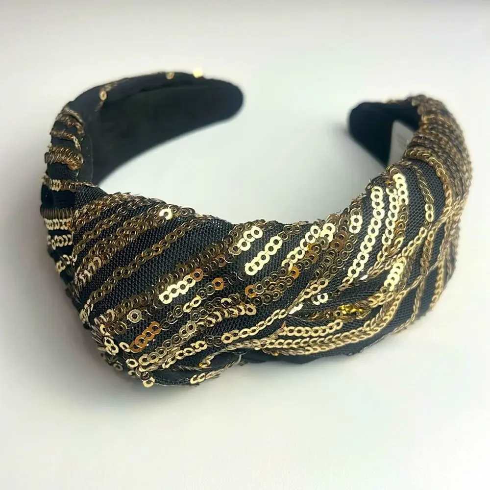 ANTHROPOLOGIE • Black/Gold Metallic Sequin Knotted Headband